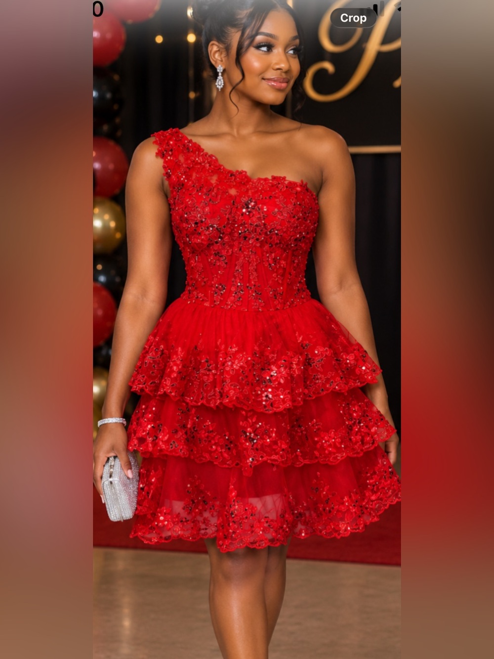 Red One-Shoulder Tiered Lace Party Dress